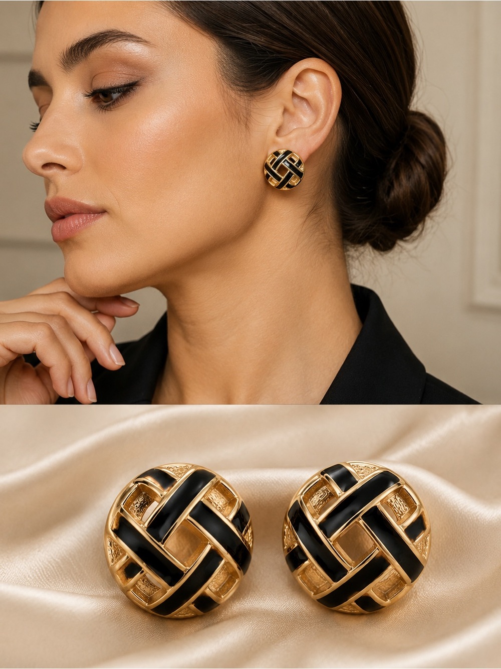 Vintage Black Enamel Gold Tone Knot Clip-On Earrings Classic Statement